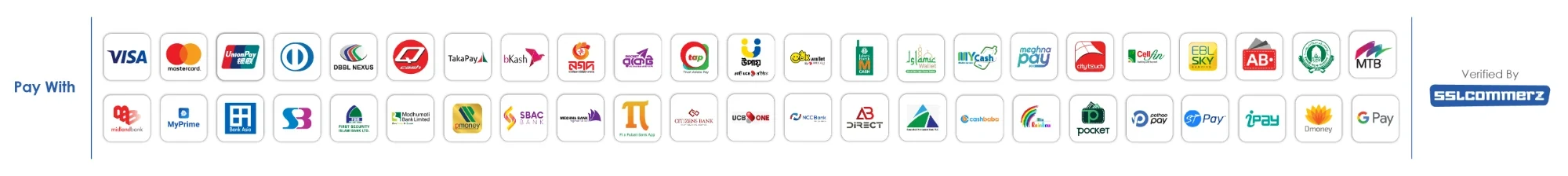 SSLCommerz payment methods, including Visa, Mastercard, UnionPay, bKash, Nagad, Rocket and Upay.